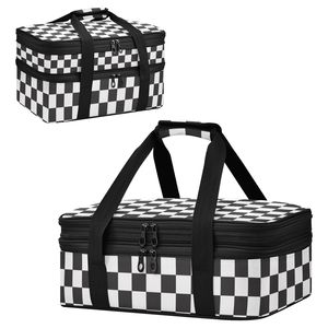 Custom Print Black/White Checkered Picnic Cookouts Expandable Double Insulated Casserole Carrier Baking Dish Cooler Bag - Product Image 2