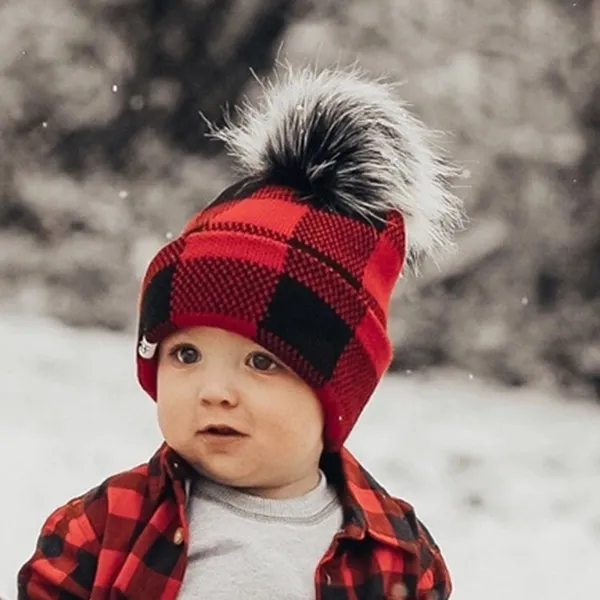 Cappello invernale con pompon in pelliccia di procione naturale di alta qualità cappello con berretto in lana di Cashmere scozzese all'ingrosso con risvolto per bambini