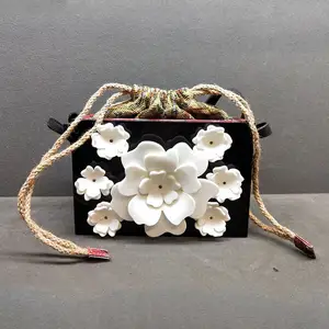 Black Resin Clutch Front Flower Decoration Woven Drawstring Evening Women's Bag Handbag Clutch