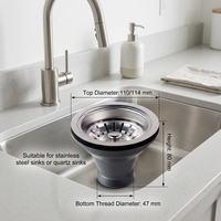 Évier de cuisine au design moderne SS201, égouttoir de 110 mm de diamètre en acier inoxydable finition satinée, connexion filetée, facile à nettoyer