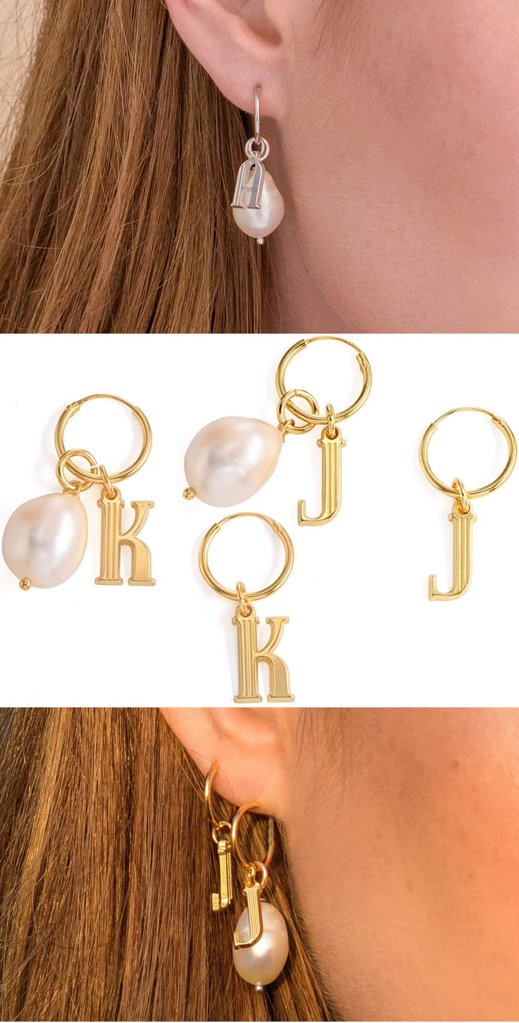 fashion stainless steel earrings jewelry custom gold plated alphabet initial letter hoop freshwater pearl drop earrings