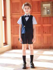 Ensemble formel pour porteur d'alliances : chemise blanche, gilet <span class=keywords><strong>bleu</strong></span> <span class=keywords><strong>marine</strong></span> à bouton unique et short noir avec nœud papillon – <span class=keywords><strong>Costume</strong></span> de <span class=keywords><strong>mariage</strong></span> pour garçon d'honneur - Product Image 2