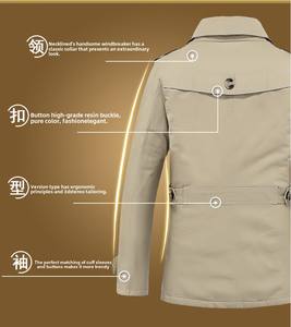 Chaqueta Larga Casual de Otoño para <span class=keywords><strong>Hombre</strong></span> con Cuello Alto, Cortavientos de Algodón Puro con Cremallera, Gabardina para <span class=keywords><strong>Hombre</strong></span> de Exportación - Product Image 3
