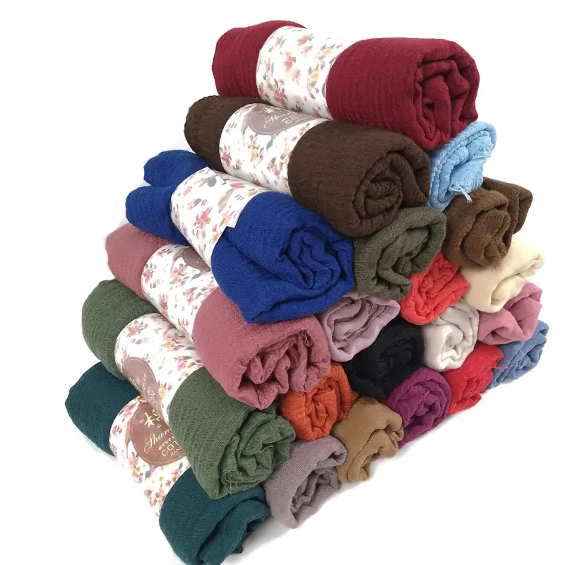 HZW-19002 Mode solide couleur châle musulman femmes coton pli hijab écharpe