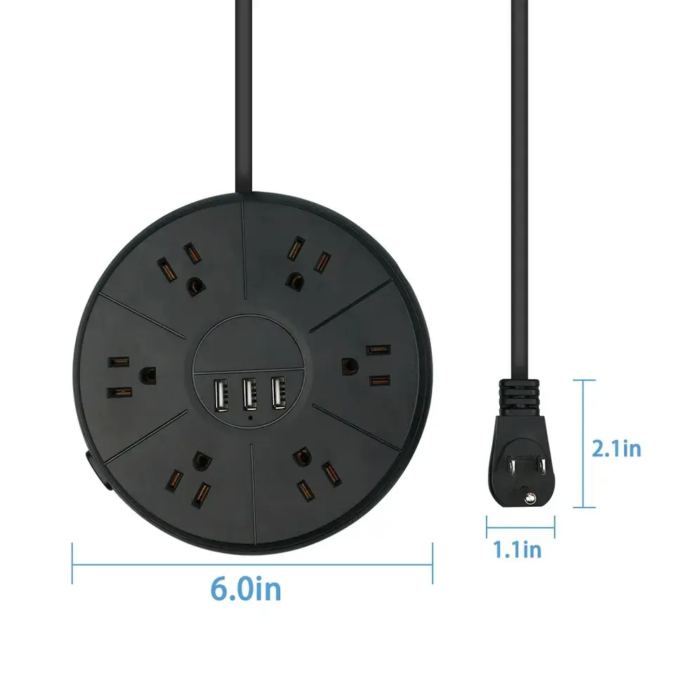 Unique Design Round Plate Power Strip Surge Protector US Sockets And Switches 6 AC Outlets With 3 USB Charging Ports
