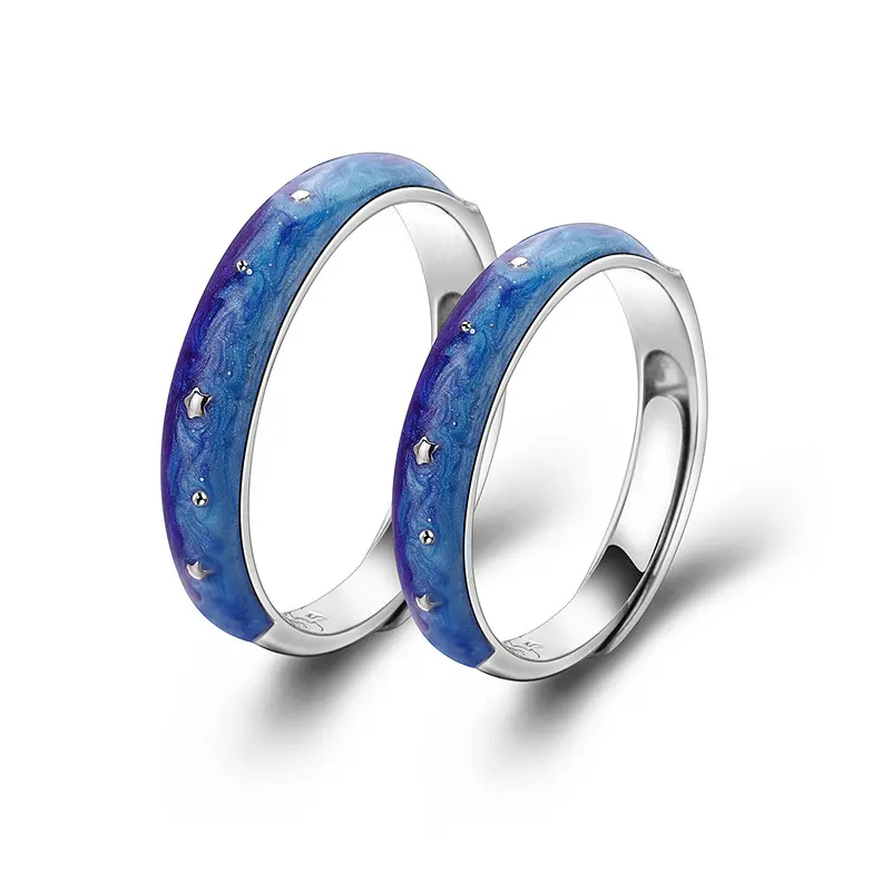 Romantic Design Blue Starry Sky Couple Ring for Women Men Wedding Party Jewelry Summer Night Adjustable Open Couple Rings