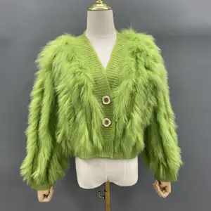 Custom design manufacturers wholesale v-neck fox fur stripe button short cardigan womens knitwear