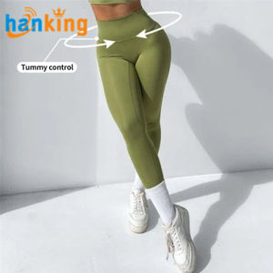 Ehanking Medias de alta calidad para mujer de cintura alta fruncido plisado Push up deportes Fitness correr Yoga pantalones medias - Product Image 4