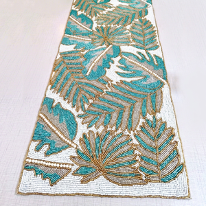 Chemin de table rectangulaire bohème fait main en tissu, motif feuille d'or turquoise, luxueux, écologique, réglable, épaisseur 5 mm, tapis de table - Product Image 1