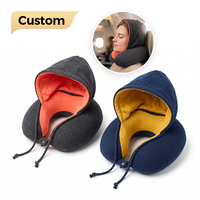 Oreiller de voyage à capuche en forme de U avec cordon de serrage et bouton-pression, confortable pour avion et voiture, oreiller de sieste, vente en gros, personnalisable OEM