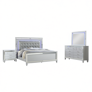 Ensemble de chambre à coucher Queen en argent Sterling Collection avec éclairage LED, design contemporain, style moderne, meubles de chambre à coucher - Product Image 1