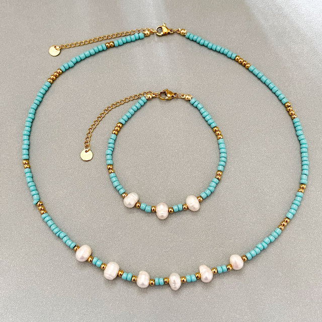 Fashion Jewelry Summer Green Natural Stone Pearl Beads Bracelet and Necklace Jewelry Set