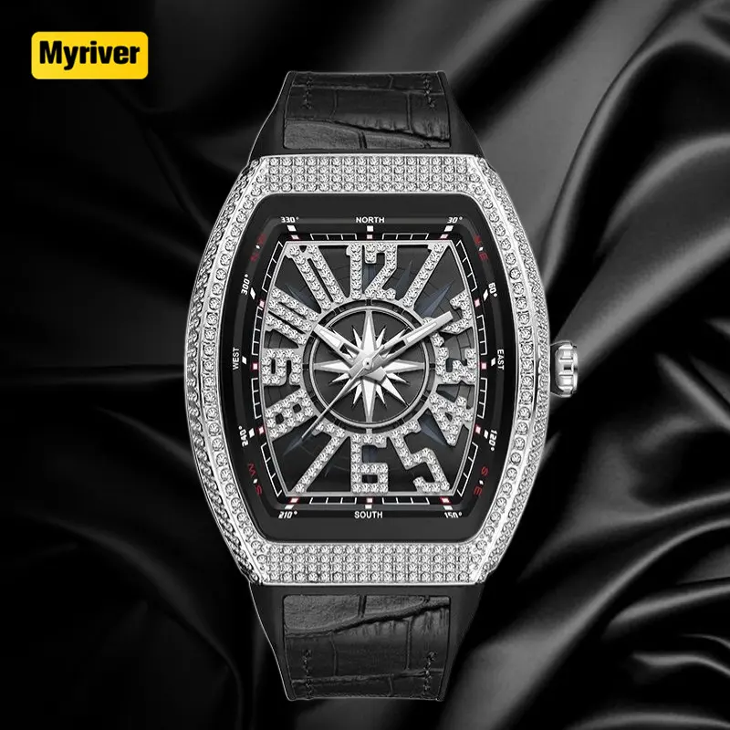 Myriver Unique Fashion Male Quartz Watch Exclusive Leather Band Water Resist Rectangle Iced Out Business Watch Design For Man