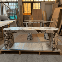 Banc d'entrée en marbre Calacatta Viola, extrémités arrondies, deux pieds en blocs, dalle de pierre veinée violette pour projet de galerie ou de couloir