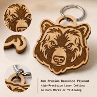 Porte-clés en bois découpé au laser, motif animal, en contreplaqué de tilleul de 1,4 mm, avec accessoires métalliques argentés, idéal pour cadeau, souvenir, vente en gros