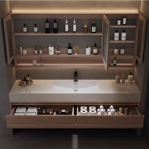 Set di mobili da bagno specchio di alta qualità in legno massiccio moderno armadietto sanitari - Product Image 5