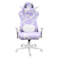 Chaise de gaming ergonomique inclinable style course, motif vache lavande, avec coussin lombaire en peluche et base blanche