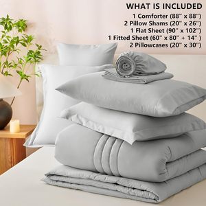Ensemble de literie douce 7 pièces : Couette alternative au duvet, draps, taies d'oreiller et housses de couette, uni ou rayé, matelassé - Product Image 1