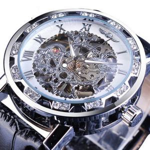 Montres mécaniques pour hommes WINNER 1089 avec strass ajourés, cadran en verre tendance, bracelet en cuir manuel - Vente en gros - Product Image 2