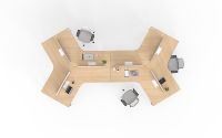 Poste de travail modulaire pour 6 personnes à 120 degrés avec finition chêne clair pour espace de travail collaboratif