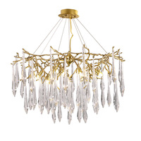 Lustre LED de style français en laiton finition cuivre, design inspiré des branches, lampe en cristal pour salon et salle à manger