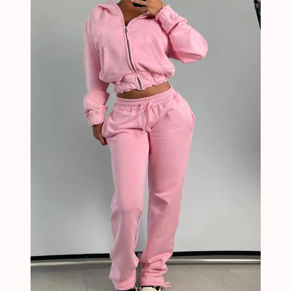 Kustom Pink Distressed Zip Hoodie baju olahraga wanita setelan Jogger latihan wanita dua potong Set celana wanita sweatsuit Set