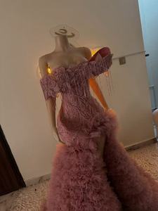 Robes de bal longues personnalisées en strass vert et rose, style sirène, pour filles noires, avec perles et volants, pour soirées africaines, galas et remises de diplômes - Product Image 6