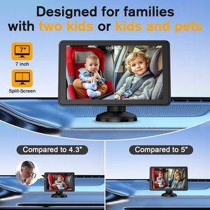 Caméra de voiture pour bébé, moniteur à écran partagé de 7 pouces, double caméra HD 720P, capteur CMOS 0,9 MP, DC 12V, vision nocturne, rotatif à <span class=keywords><strong>360</strong></span>° - Product Image 4