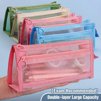 Étui à crayons simple en maille double couche, étui à crayons transparent multifonctionnel, sac de rangement portable de grande capacité pour la papeterie