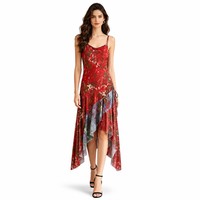 Vestido Midi Personalizado para Mujer, Estilo Vintage de Verano, Cintura Imperio, Escote Corazón, Tirantes Finos, Chifón, Estampado Floral Digital, Borlas y Volantes, ODM