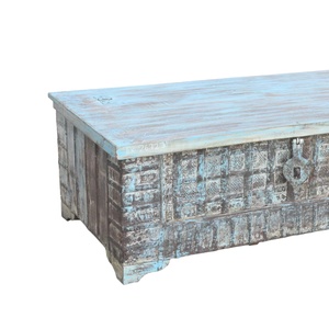 Haswani Handicrafts Distressed Blue Wooden Trunk <b>Coffee</b> <b>Table</b> Solid Wood Vintage Storage Chest <b>Rustic</b> Painted Durable Strong - Product Image 1