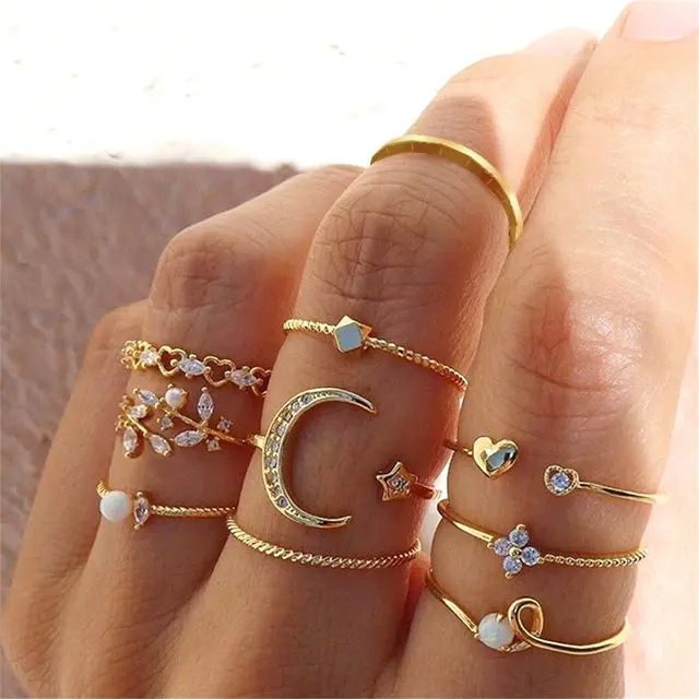 New Arrival Diamond Love Pearl Leaf Star Moon Ring 10 Piece Set Moon And Star Adjustable Finger Ring Set For Women