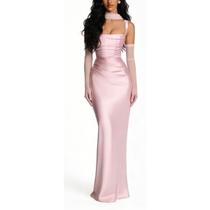 Vestido Largo Formal de Satén para Mujer con Cuello Halter y Cintura Fruncida con Lazo, con Pañuelo a la Moda - Product Image 1