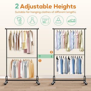 Porte-vêtements à double tige en métal noir robuste avec roues Organisateur de vêtements de salon de style simple pour <span class=keywords><strong>literie</strong></span> et sacs - Product Image 6