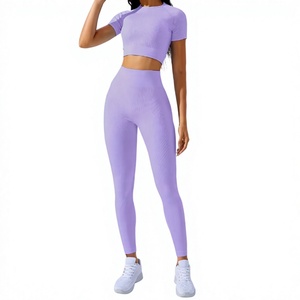 Lavender Ribbed Yoga Set High Waist Full Length <b>Leggings</b> With Short Sleeve <b>Crop</b> Top Seamless Four-Way Stretch Two Piece - Product Image 1