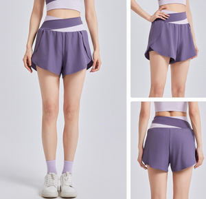 Shorts de yoga taille haute à blocs de couleur, anti-exposition, deux pièces, avec poche ventrale, respirants, séchage rapide, pour le sport et le fitness - Product Image 4