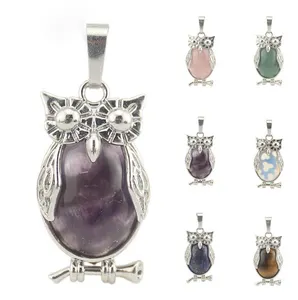 Factory wholesale natural crystal stone owl pendant necklace amethyst rose quartz owl pendant fashion gemstone jewelry