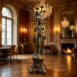 Lampe sur pied candélabre en bronze coulé, sculpture de dame, style européen classique, sur mesure, pour la décoration de hall de villa - Product Image 3