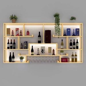 Espositore da Parete per Bottiglie di Vino in Legno Massello e Acciaio Inossidabile Dorato, Arredamento per Casa, Ristoranti e Bar - Product Image 1