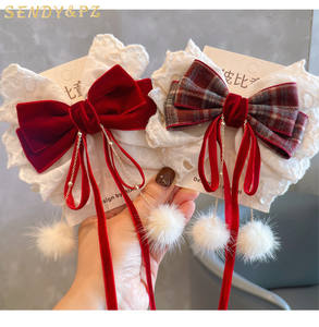 어린이 와인 레드 플러시 리본 헤어 클립 소녀 레이스 리본 이중 레이어 헤어핀 귀여운 진주 헤어핀 액세서리 - Product Image 1