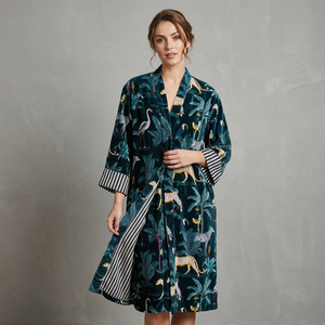Luxury Eco-Friendly Finished Velvet Animal Birds Floral Print Women's Wrap <b>Tie</b> Long Sleeve V-Neck Bathrobe Summer Kimono Style - Product Image 1