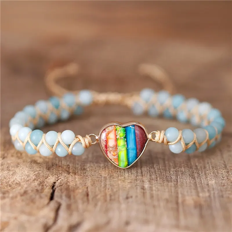 Boho 7 Chakra Tim Cầu Vồng Quyến Rũ Amazonite Hạt Bện Vòng Đeo Tay Có Thể Điều Chỉnh Gypsy Đá Quý Vòng Đeo Tay Phụ Nữ Đồ Trang Sức Bán Buôn