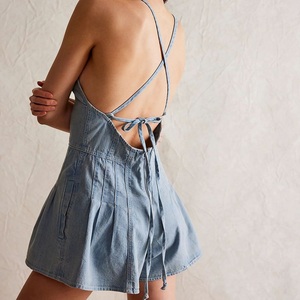 Robe Courte en Jean Tendance pour Femme, Décolleté Plongeant en V, Bretelles Fines, Sans Manches, Style Vintage, Personnalisation OEM Disponible - Product Image 3