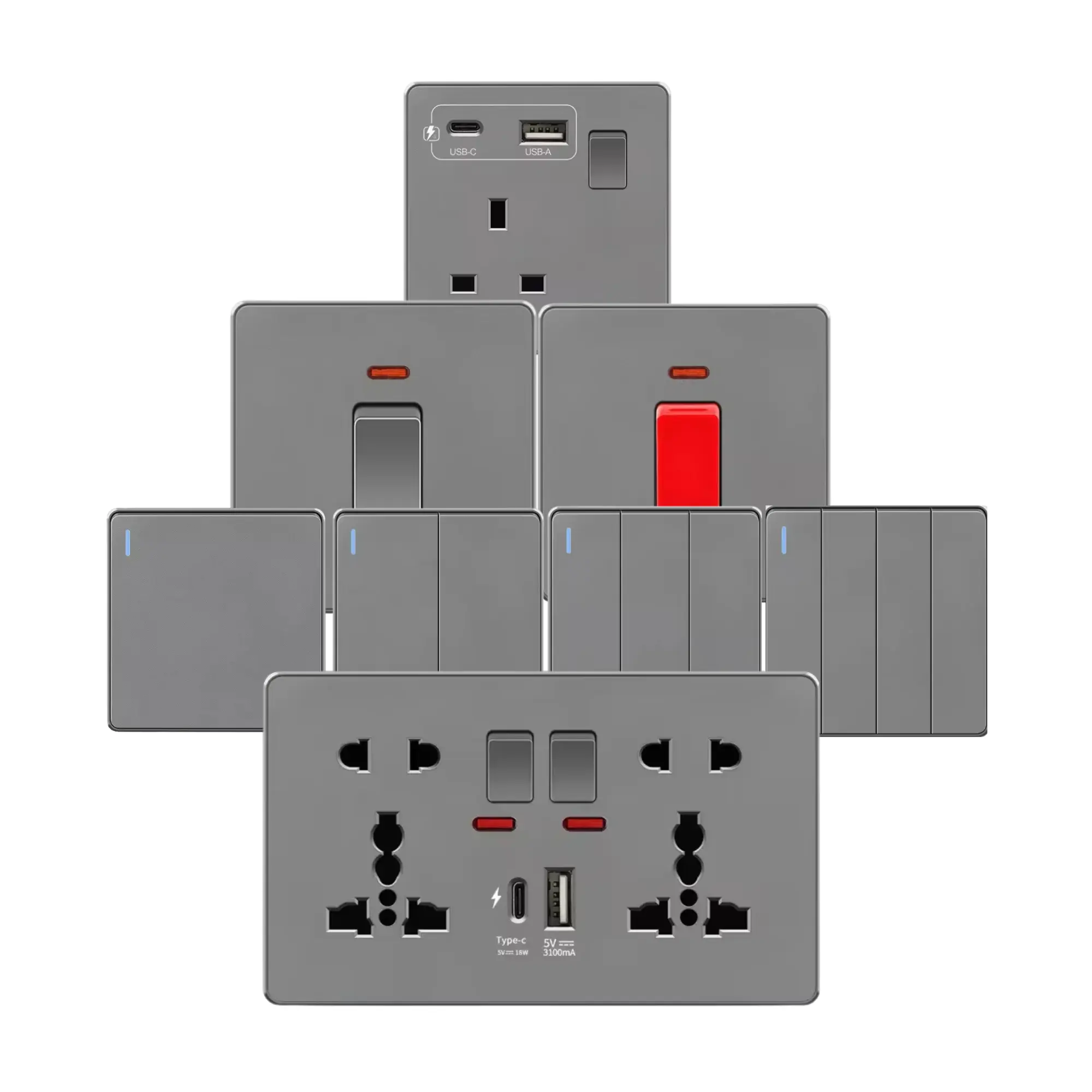 영국 표준 1 갱 3Way 전기 스위치 소켓, 13Amp USB C 소켓이 있는 대형 플레이트 회색 벽 스위치, 영국 아프리카