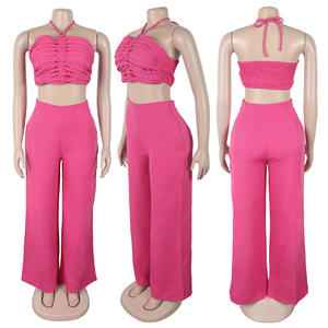 ชุดเซ็ตเสื้อครอปแบบผูกคอรัดรูปและกางเกงขายาวทรงกว้างสำหรับผู้หญิง ชุด 2 ชิ้น เสื้อผ้าผู้หญิง ชุดลำลอง แฟชั่นผู้หญิง - Product Image 6