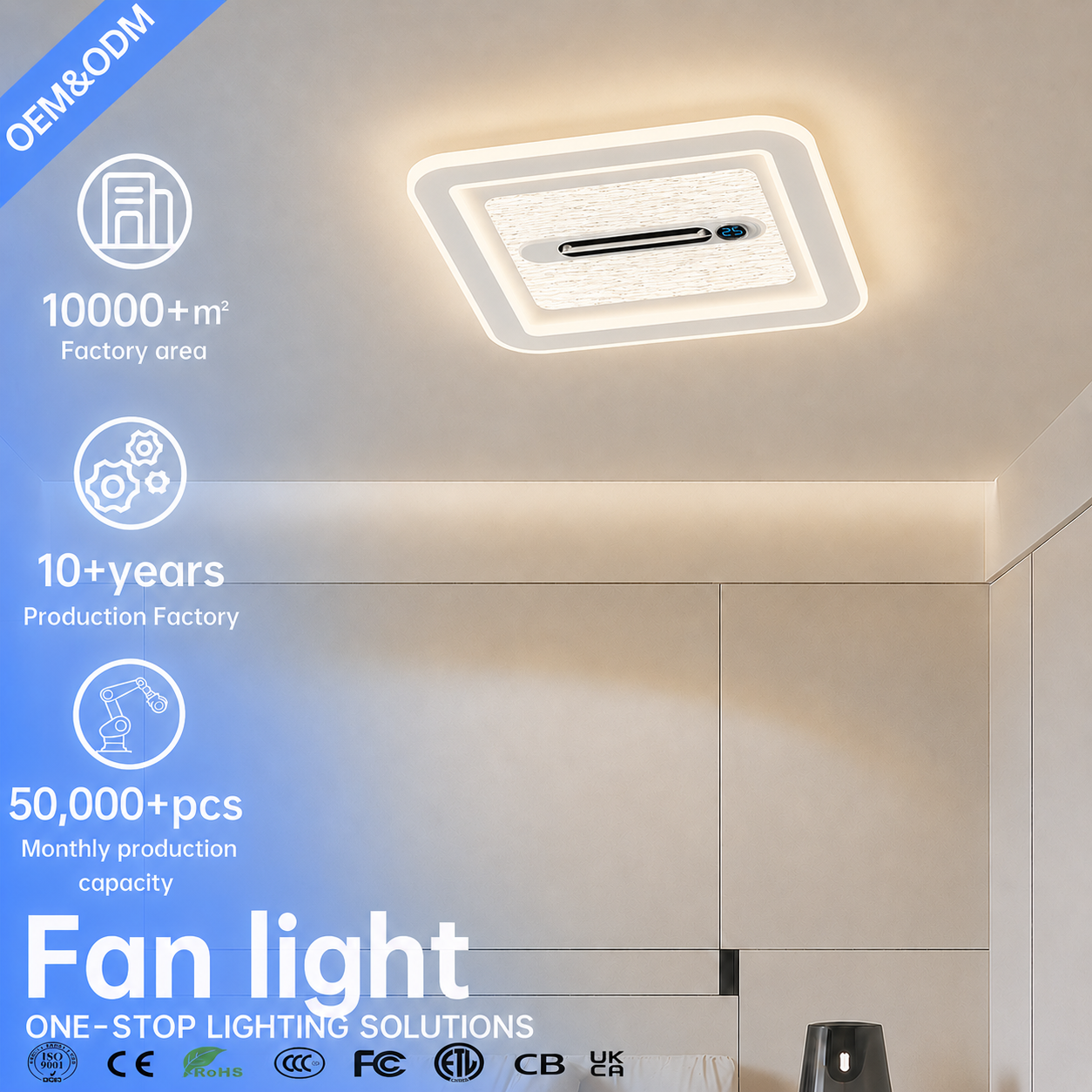 Modern Square LED Ceiling Fan Light with Remote Control, Flush Mount Fan Lamp for Bedroom Living Room Hotel Ceiling Light