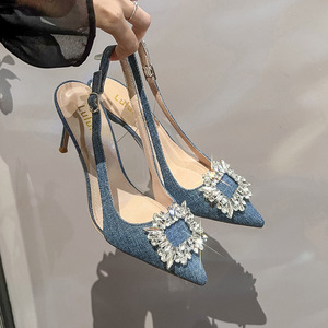 Vestido de mezclilla azul para mujer Bombas Sandalias sin cordones de tacón alto con diseño sexy abierto Tela resistente Tendencias de moda <span class=keywords><strong>siguiendo</strong></span> - Product Image 1