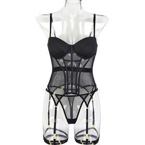 ชุดชั้นในเซ็กซี่แบบตาข่ายรัดรูปทรงกระดูกปลา สำหรับผู้ใหญ่ ระบายอากาศได้ดี พร้อมโครงเหล็กดันทรง มีสายรัดขา - Product Image 6