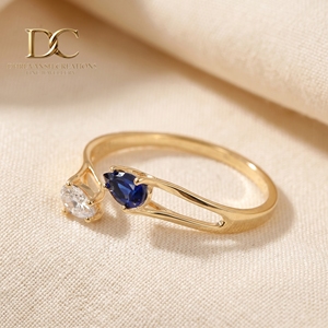Classic Designer 14KT Solid Yellow Gold <b>Adjustable</b> <b>Ring</b> with Lab Grown Diamond and Blue Sapphire IGI Certified Jewelry for Women - Product Image 5