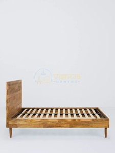 Mira Diamond Parquet Sheesham Wood <b>Bed</b> with Mid Century Design Slatted <b>Platform</b> <b>Base</b> and Tapered Legs Premium Bedroom Furniture - Product Image 2